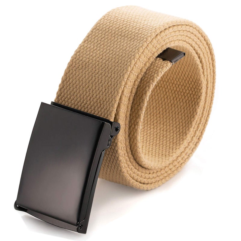 Mile High Life Cut To Fit Canvas Web Belt Size Up to 52" with Flip-Top Solid Black Military Buckle (Khaki) - Image 1